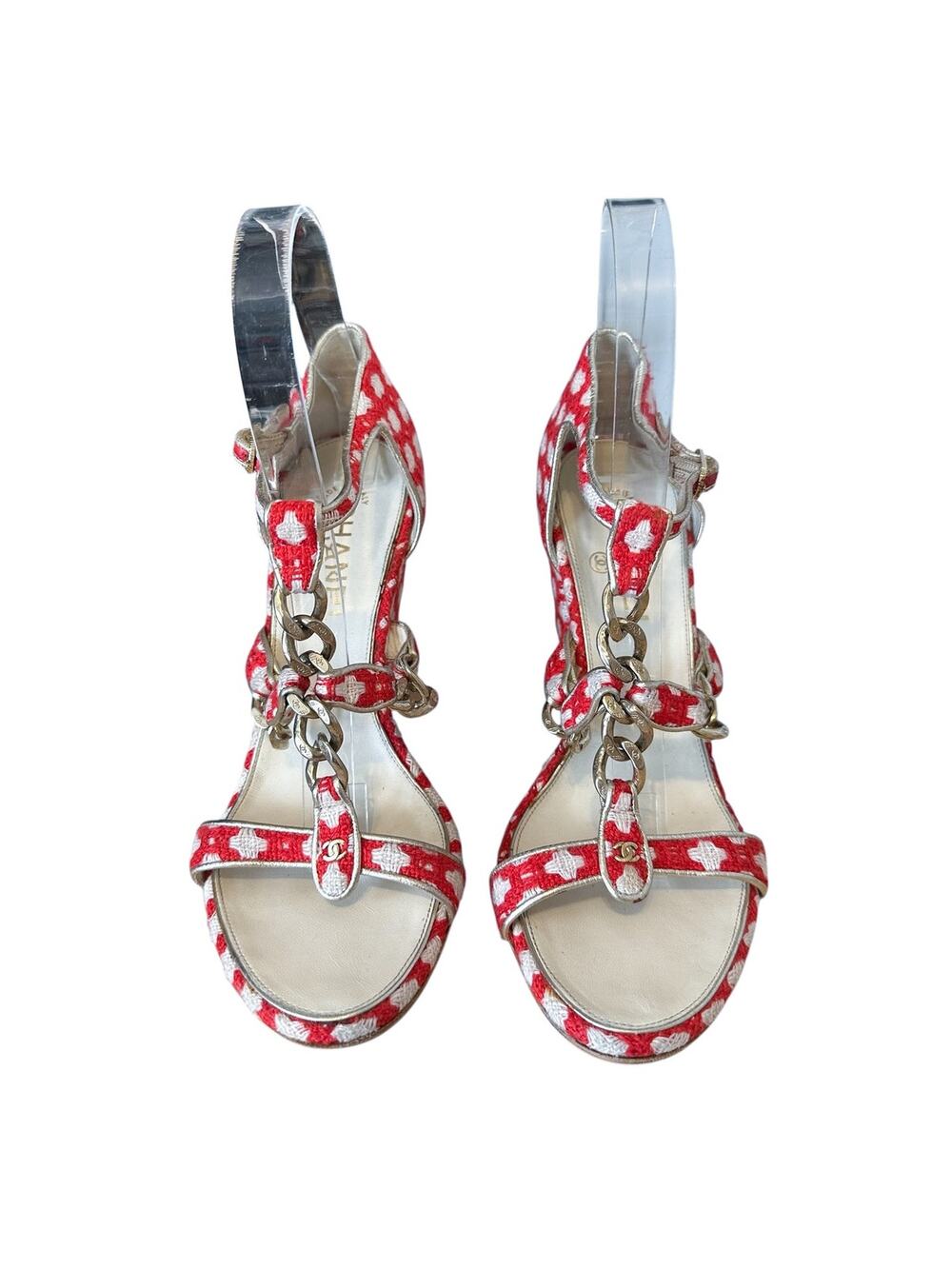 Chanel Vintage Red Tweed Gold Chain Logo Strappy High Heel Sandals EU 38.5